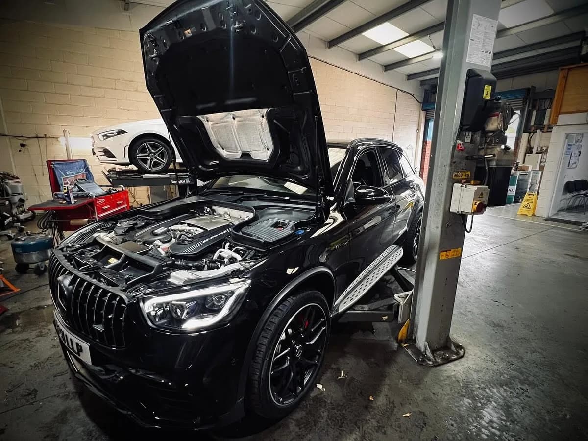 Mercedes-Benz service parts and C63 AMG at Benza Autos workshop